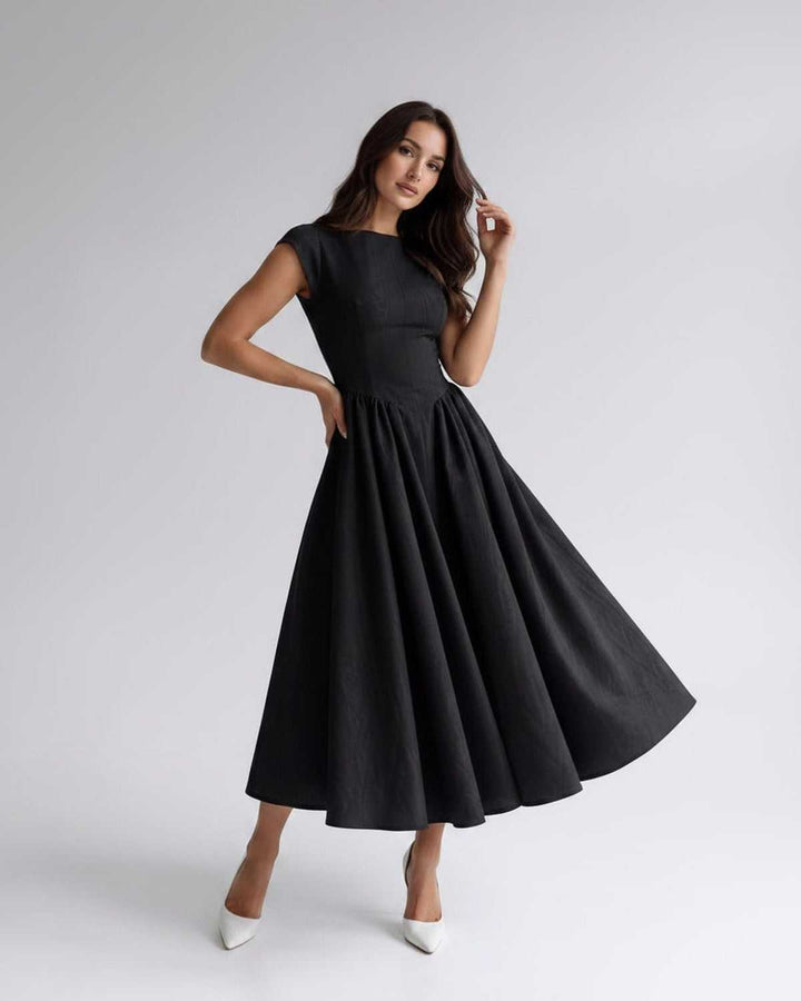 Women's elegant formal dress, sleeveless, A-line, flared, midi length, with gathered waist.