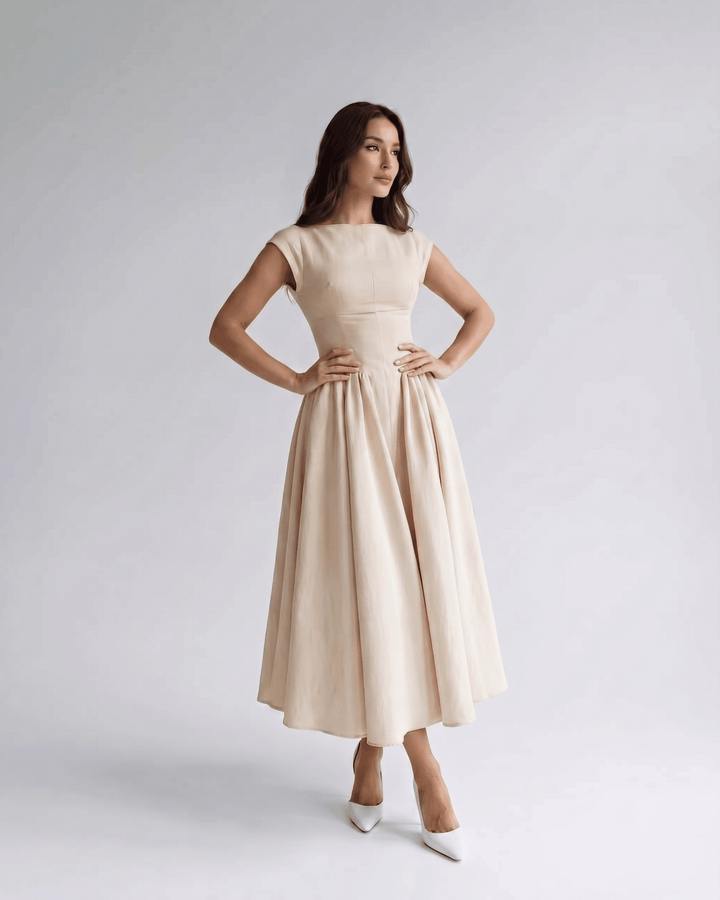 Formal women's sleeveless A-line midi dress with a flattering flared skirt and gathered waist.