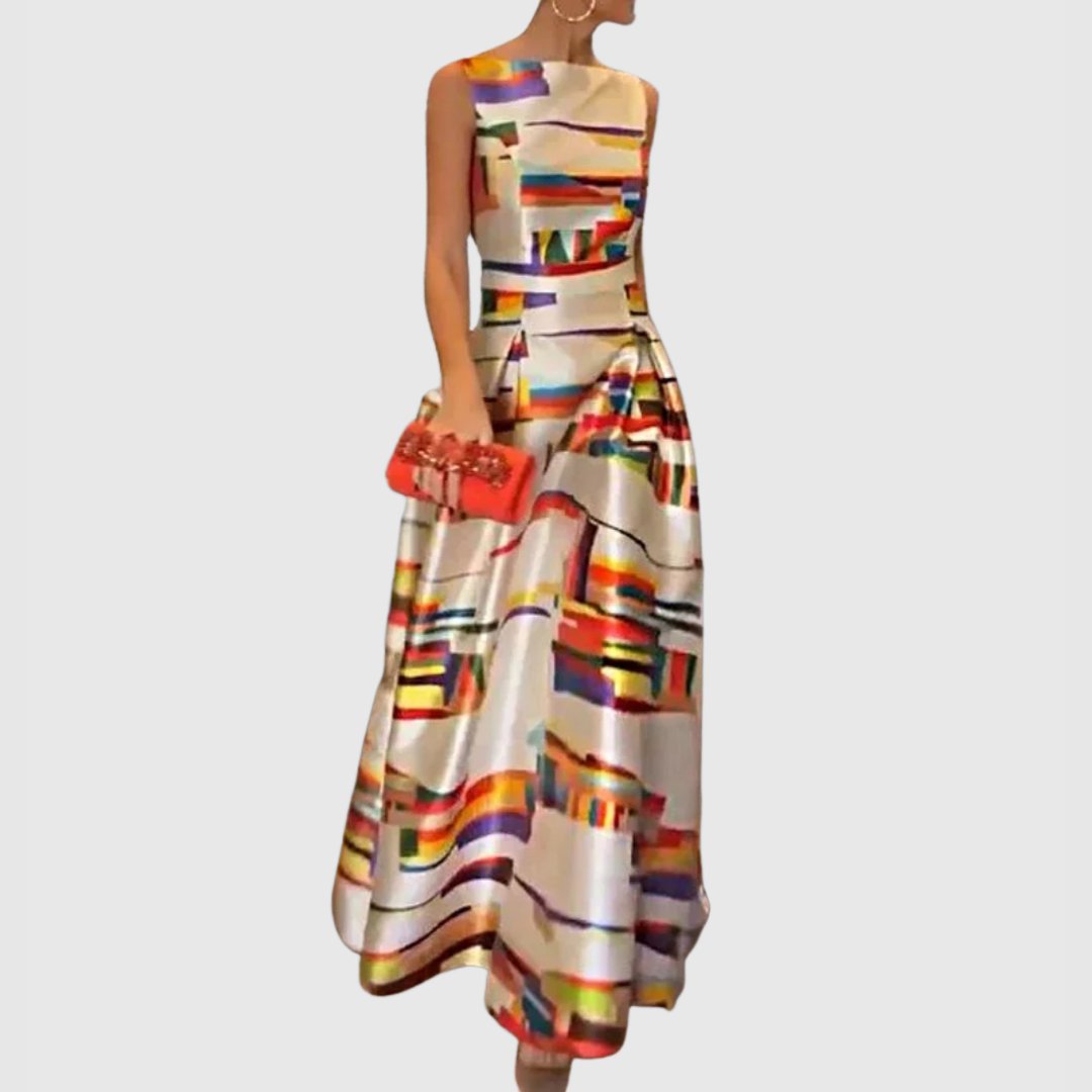 Elegant women's sleeveless abstract print maxi dress, ideal for special occasions & formal evening wear.