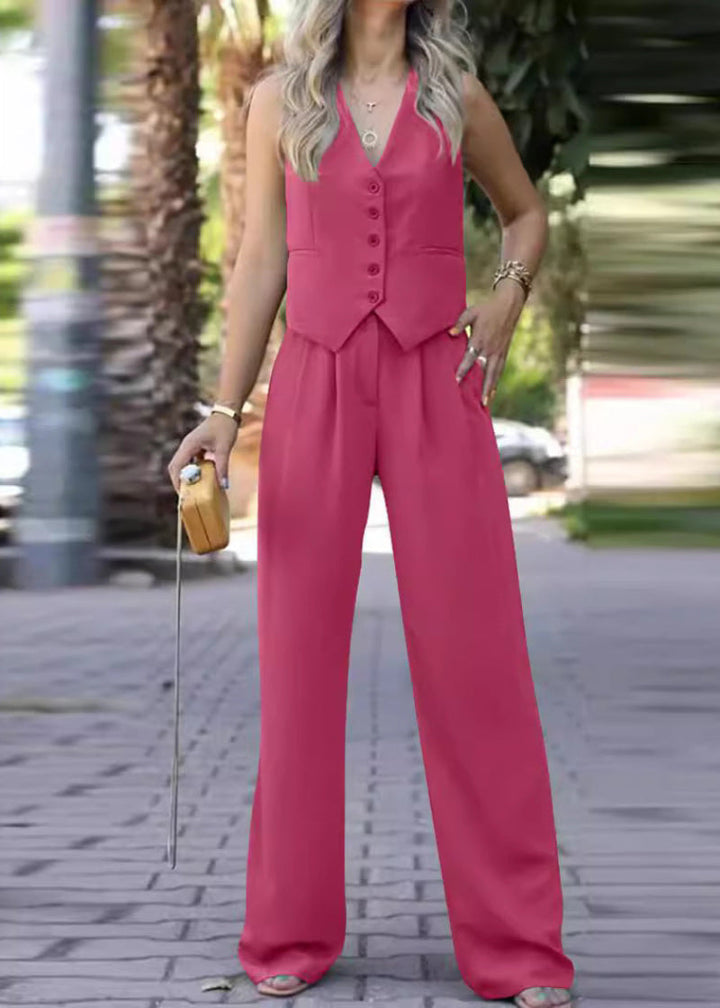 New women's fashion: elegant sleeveless blazer & pant set. Chic, slim-fit business casual for spring/summer style.