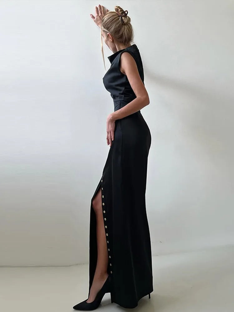Lightweight women's sleeveless button-up two-piece set; comfy cropped top & flowy maxi skirt. Perfect for warm weather.