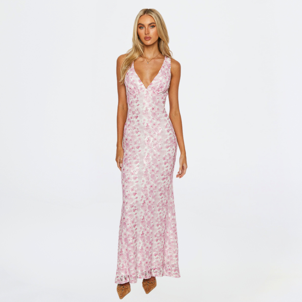 Elegant women's sleeveless floral maxi wedding dress, perfect for special occasions.
