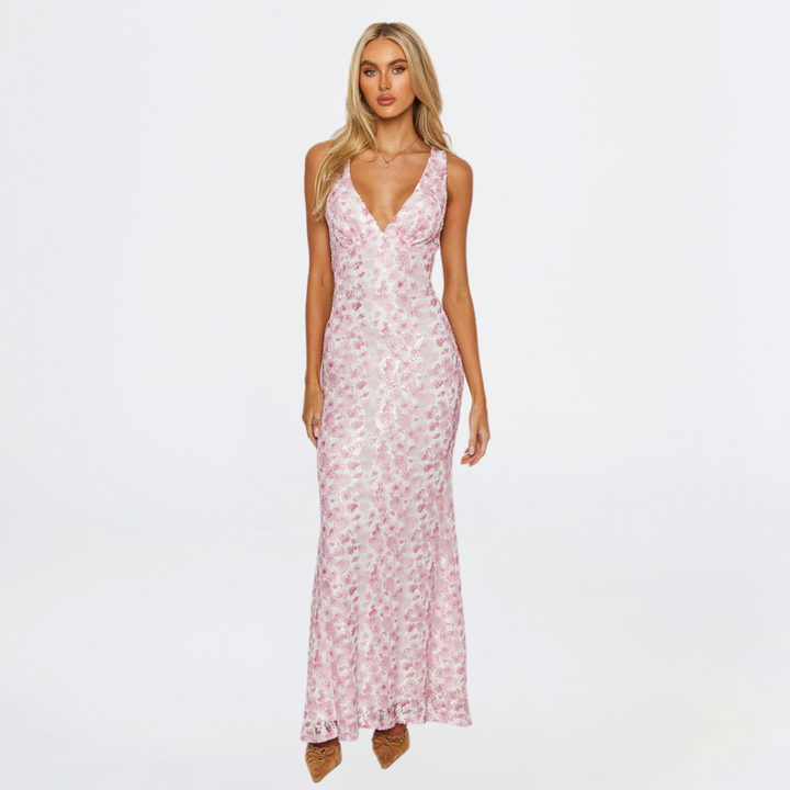 Elegant women's sleeveless floral maxi wedding dress, perfect for special occasions.
