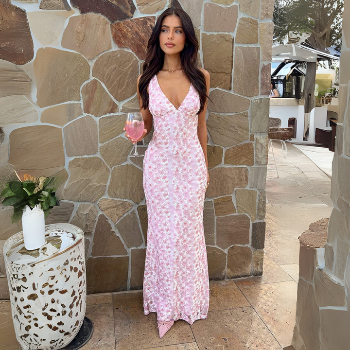 Beautiful pink floral sleeveless maxi dress, ideal for weddings & evening parties.