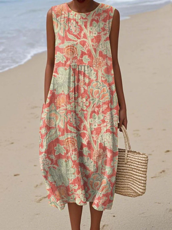 Elegant Women's Sleeveless Floral Midi Dress with vibrant print, perfect for everyday summer style.