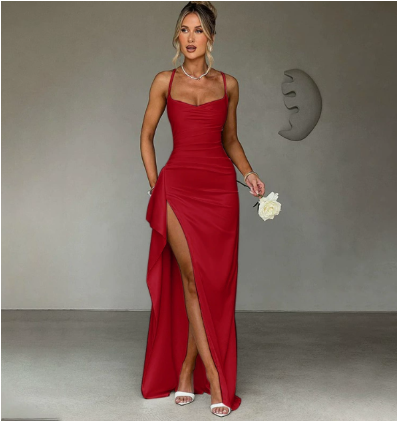 Stylish spaghetti strap maxi dress for women, featuring a high slit. Perfect summer or party wear.