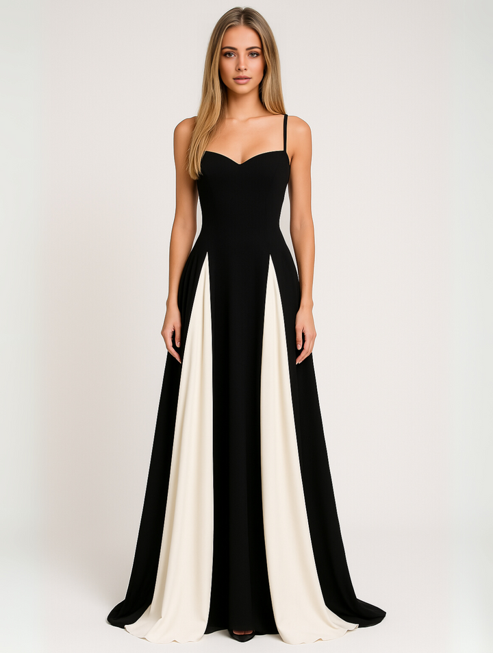 Elegant women's sleeveless maxi dress with sophisticated contrast panel design, perfect for formal occasions.
