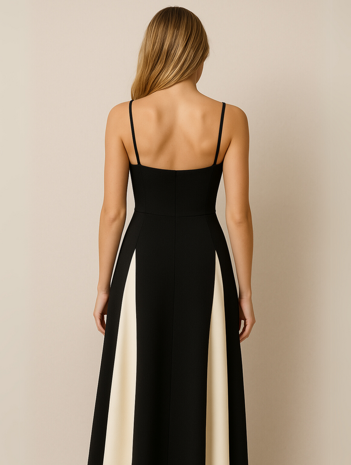 Timeless women's elegant maxi evening gown with a unique contrast panel, a sophisticated statement dress for events.