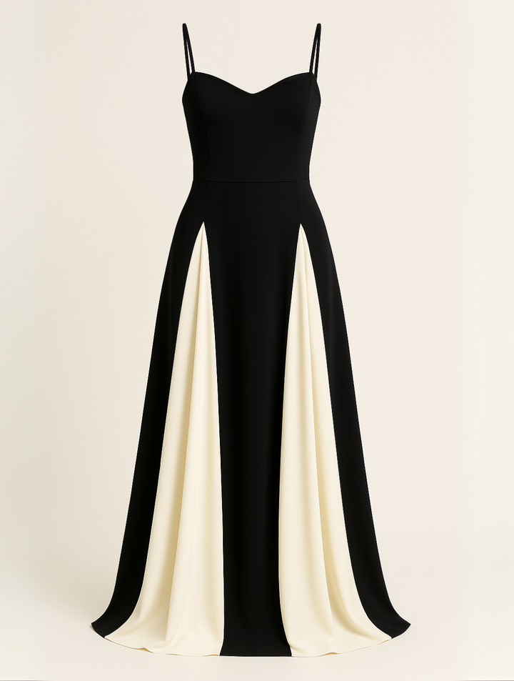 Women's elegant contrast panel maxi dress, a sophisticated sleeveless formal gown ideal for evening & black-tie events.