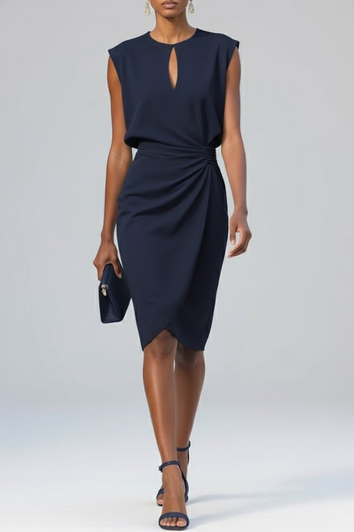Chic women's ruched midi dress, perfect as a sleeveless cocktail or summer party dress with a stylish keyhole neckline.