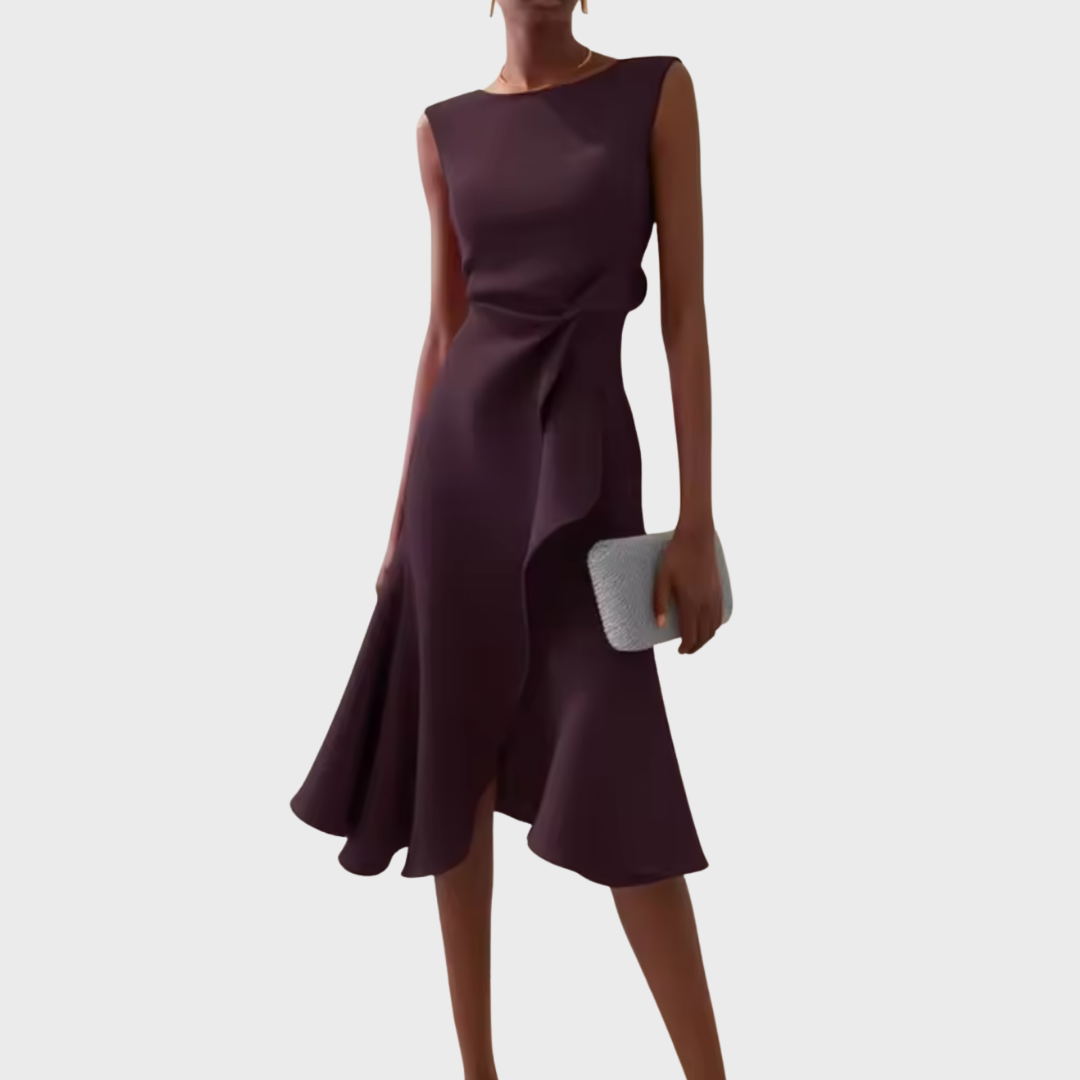 Elegant women's cocktail dress, sleeveless midi with a draped and asymmetrical hem for parties.