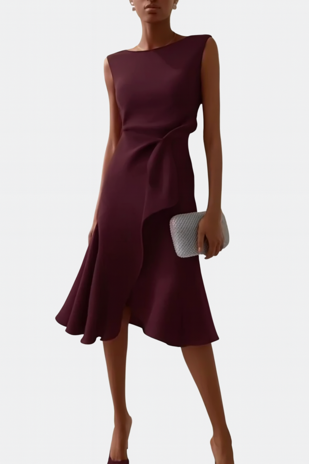 Draped sleeveless women's midi dress, featuring a chic asymmetrical hem for a stylish look.