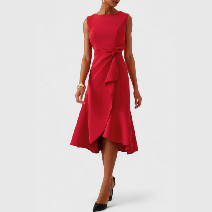 Contemporary women's sleeveless midi dress, draped style & asymmetrical hem for a modern chic look.