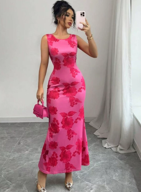 Elegant women's sleeveless pink floral maxi dress for special occasions, formal events, and summer parties.