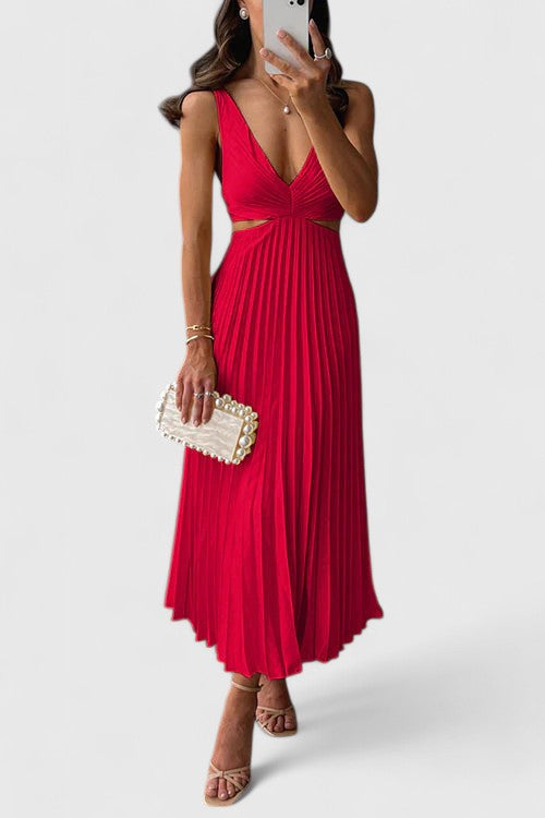 Pleated women's event dress, a beautiful sleeveless choice for wedding guests.