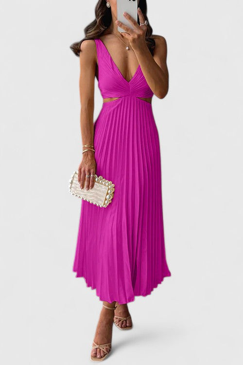 Sophisticated women's formal dress, sleeveless and pleated, for wedding attendees.