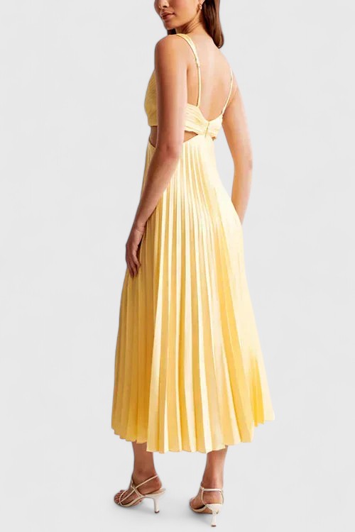Sleeveless pleated party dress for women, perfect for a wedding or formal event.