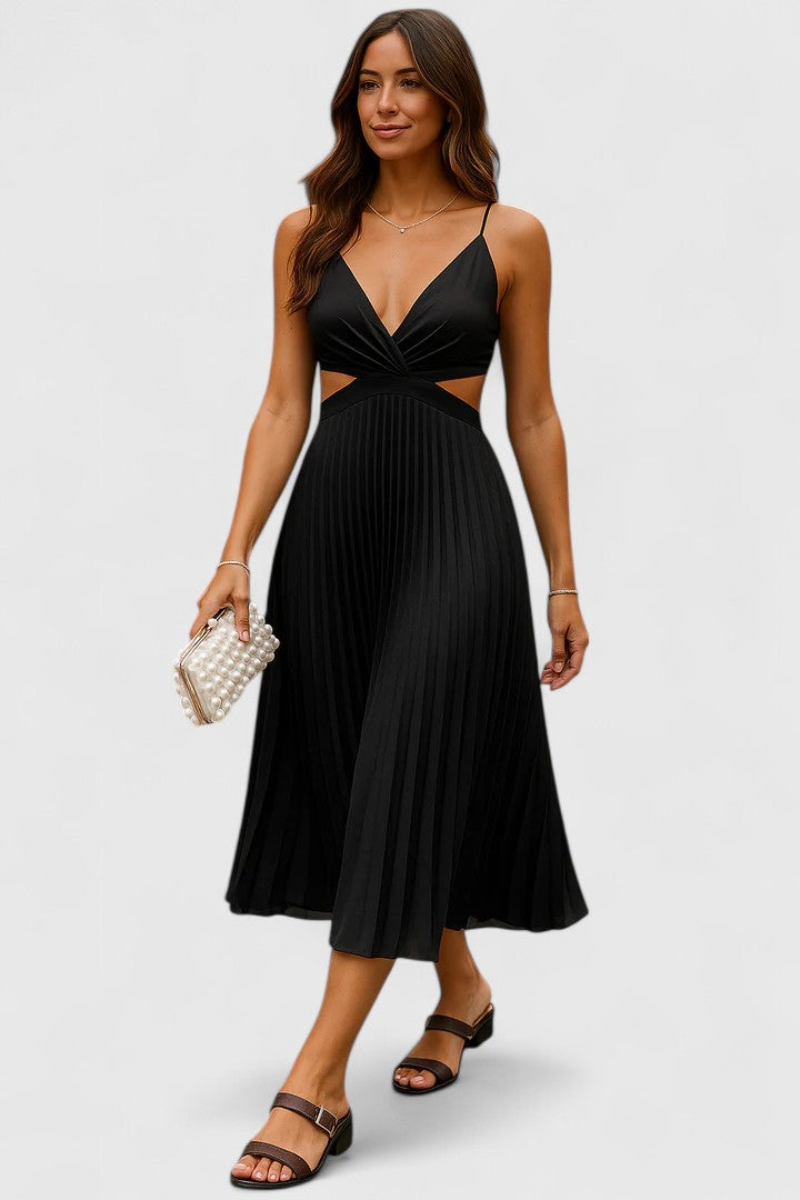 Women's elegant pleated cocktail dress, a chic sleeveless option for wedding guests.