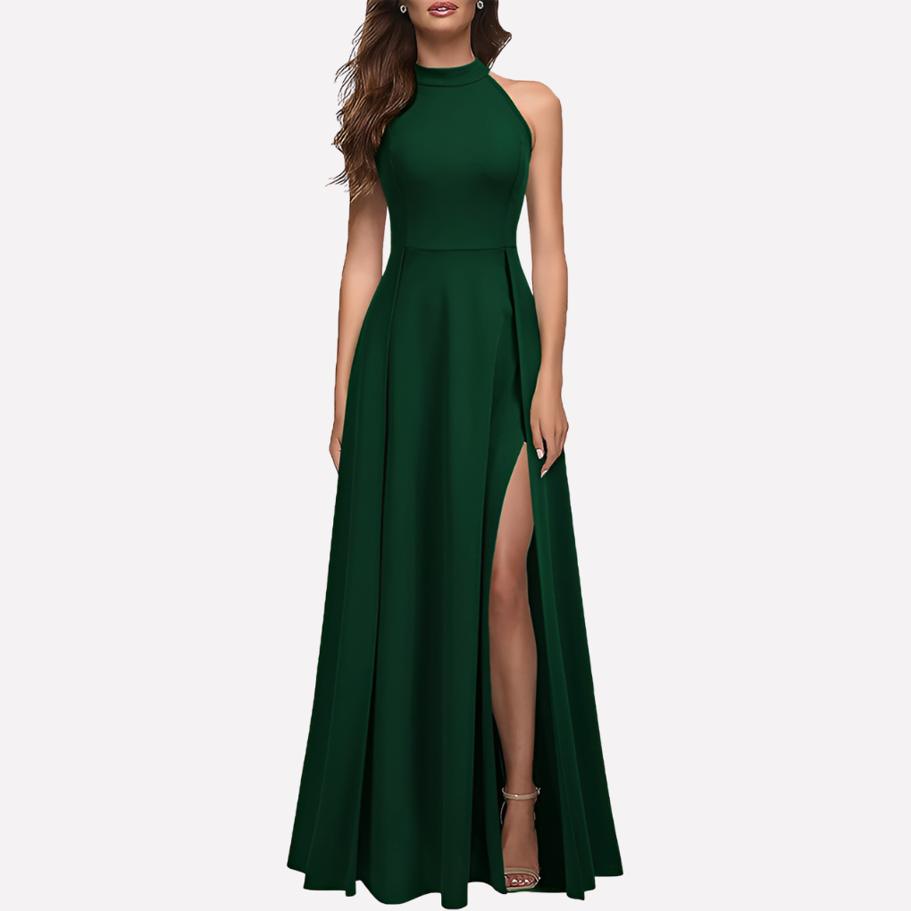 Chic green high neck sleeveless maxi dress for women, A-line cut with an elegant slit, ideal for evening wear.