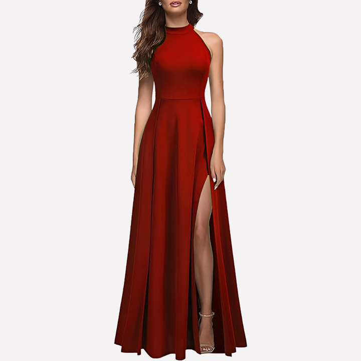 Stunning blue A-line maxi dress for women, featuring a high neck, sleeveless design, and elegant side slit.