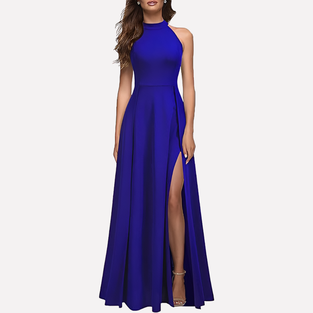 Fashionable women's sleeveless maxi dress. Elegant high neck & A-line style with slit for parties & events.