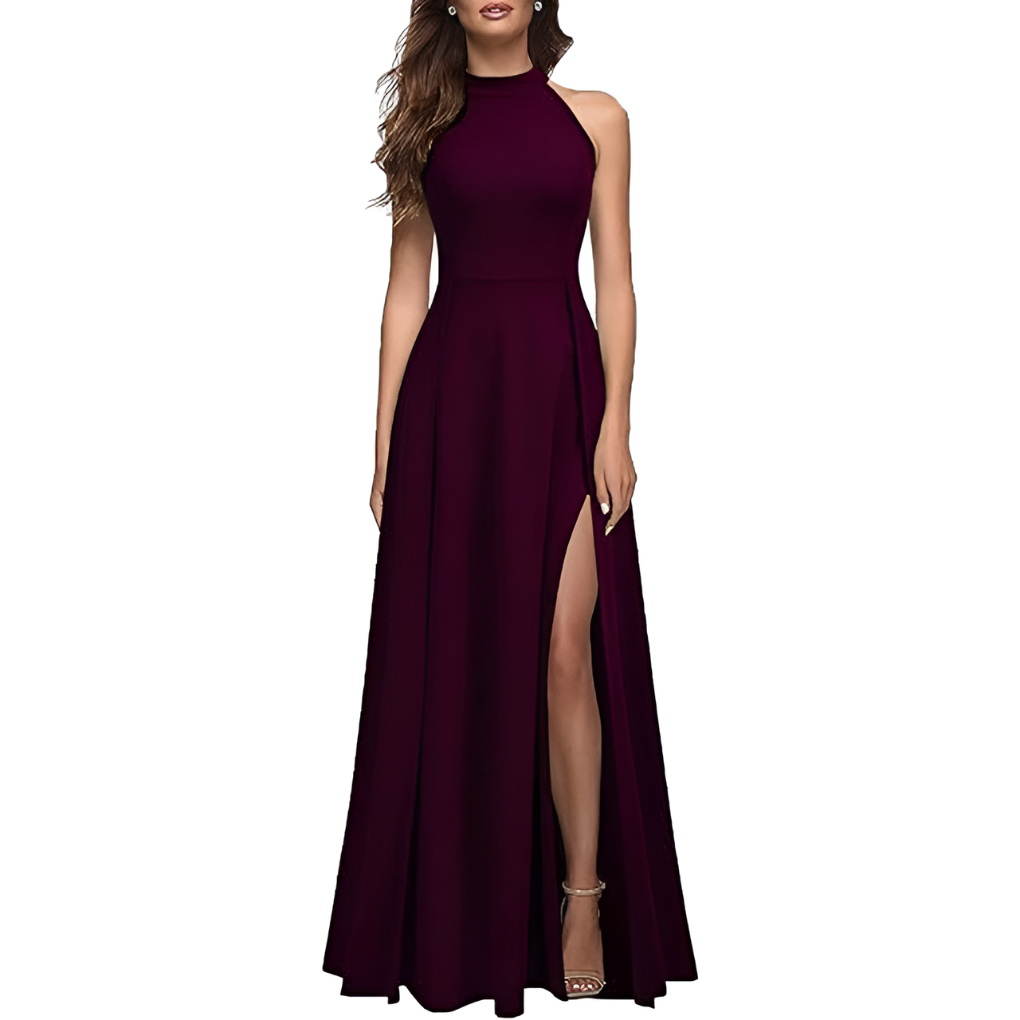 Beautiful women's elegant A-line maxi dress, sleeveless with a high neck and graceful slit. Formal evening wear.
