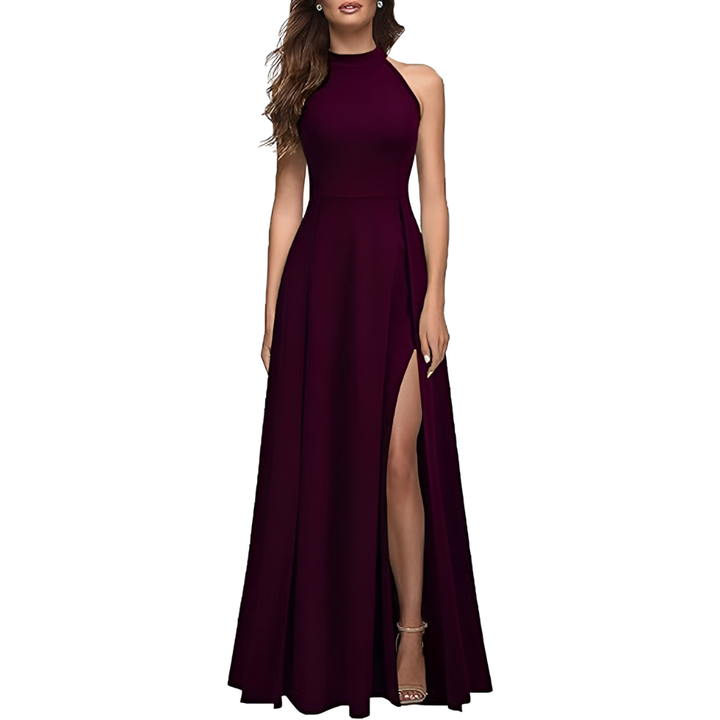 Beautiful women's elegant A-line maxi dress, sleeveless with a high neck and graceful slit. Formal evening wear.