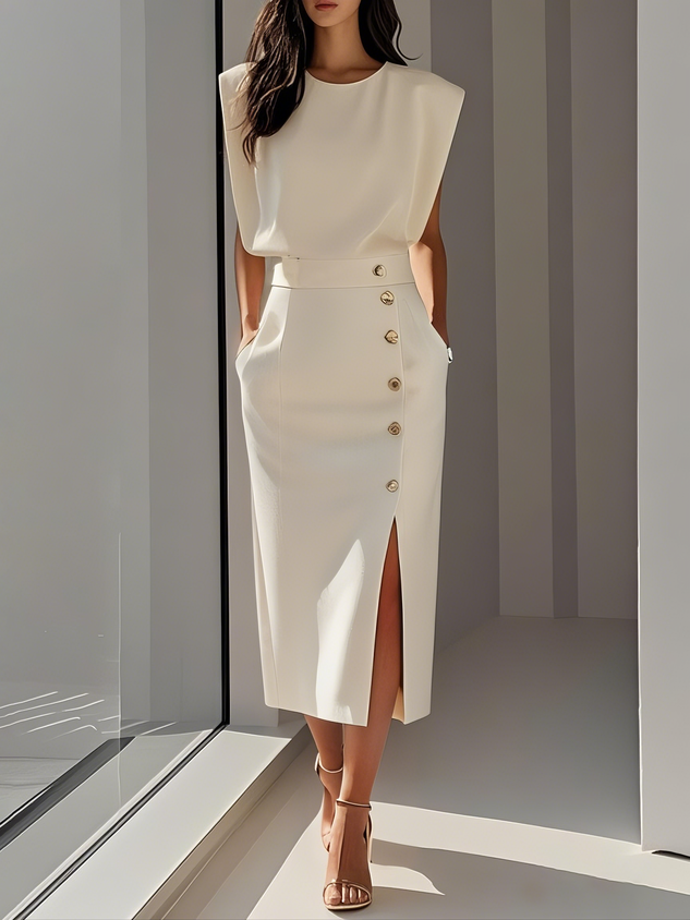 Elegant women's sleeveless round neck midi dress, perfect for versatile formal or casual wear.