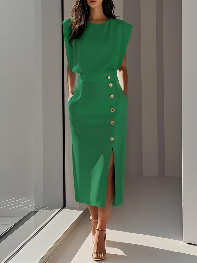 Formal women's elegant midi dress, sleeveless with a classic round neck, suitable for special occasions.