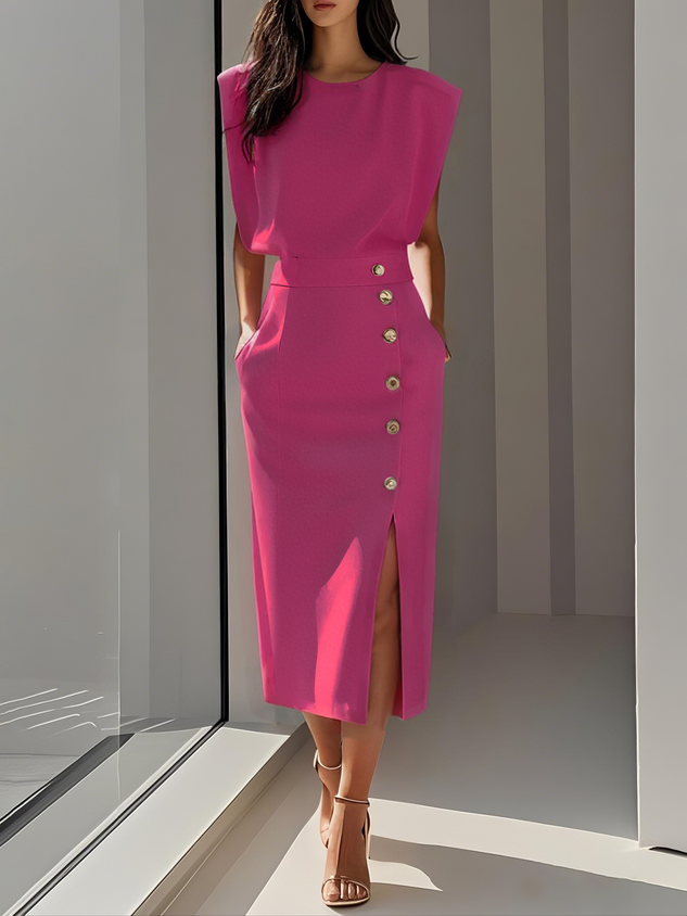 Versatile women's midi dress with a sleeveless, round neck design, adaptable for both formal and casual events.