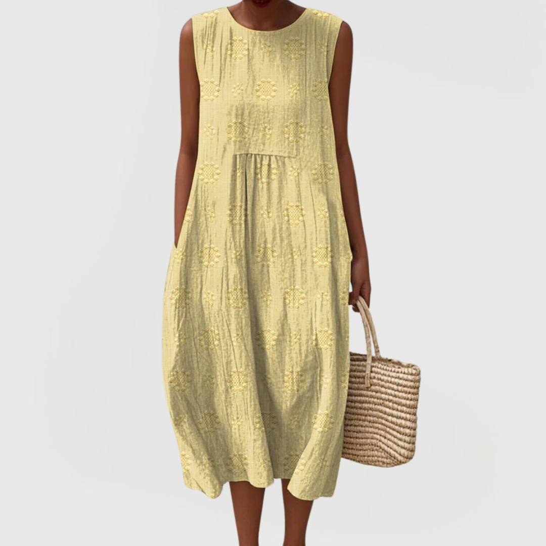 Women's elegant casual summer dress, sleeveless with handy pockets. Perfect for warm weather & vacation.