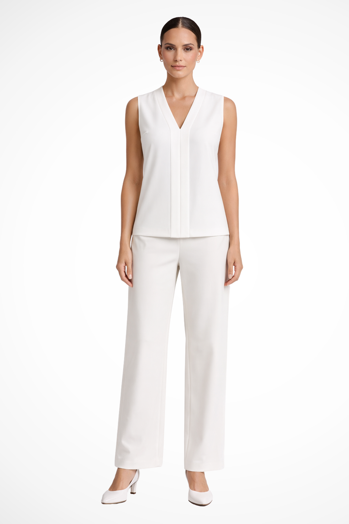 Elegant women's sleeveless V-neck blouse, perfect for versatile workwear or smart casual summer fashion.