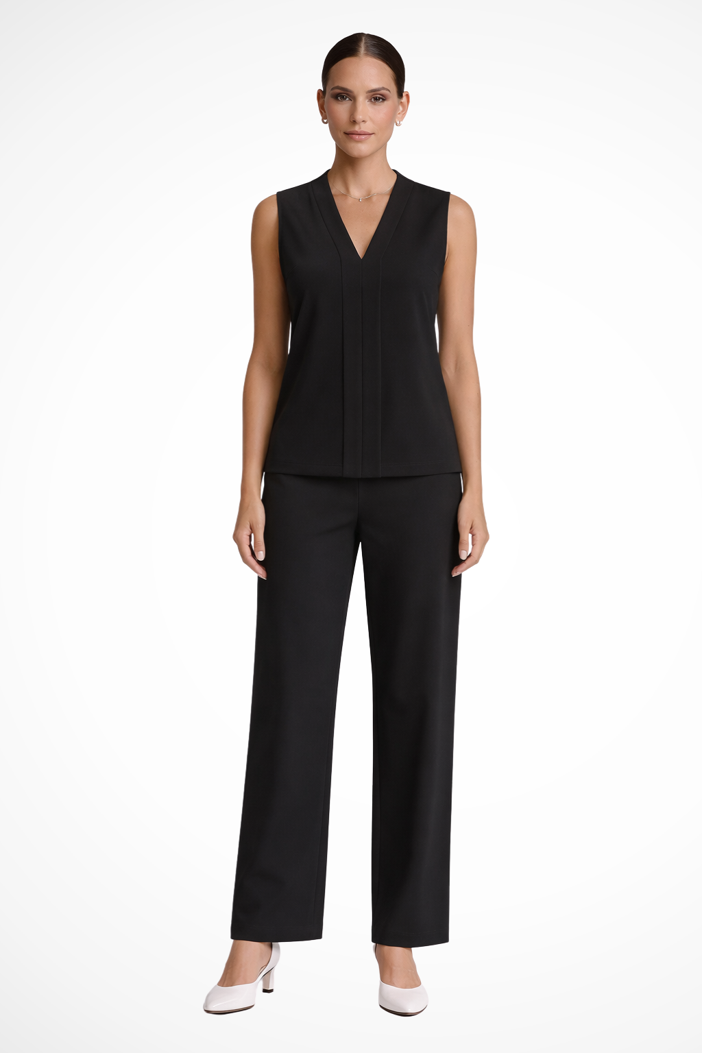 Versatile women's sleeveless V-neck blouse. An elegant top for work, smart casual outfits, or summer fashion.