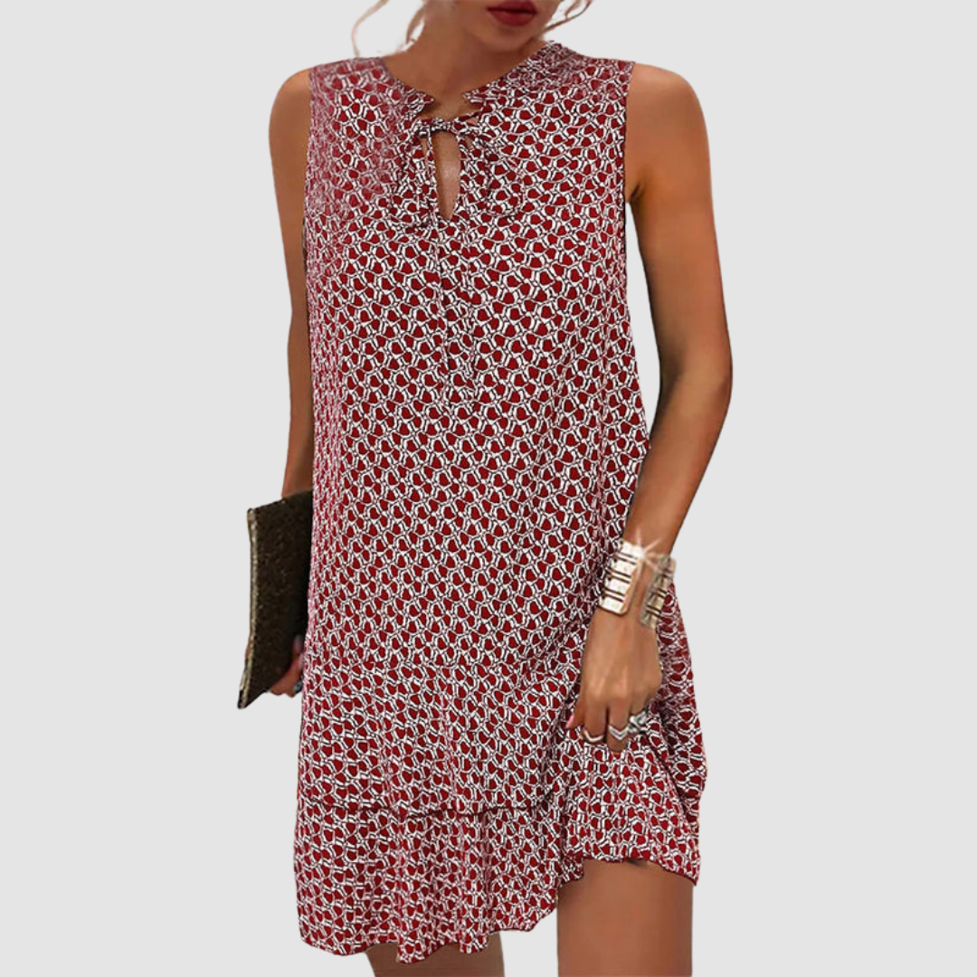 Comfortable women's sleeveless summer dress. Versatile V-neck design, perfect for casual spring days, includes pockets.