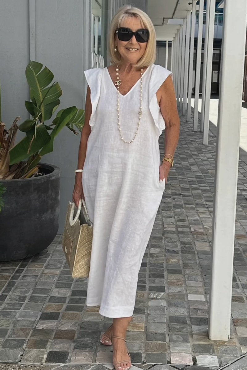 Casual yet elegant women's V-neck maxi dress, ideal for summer vacation & everyday style.