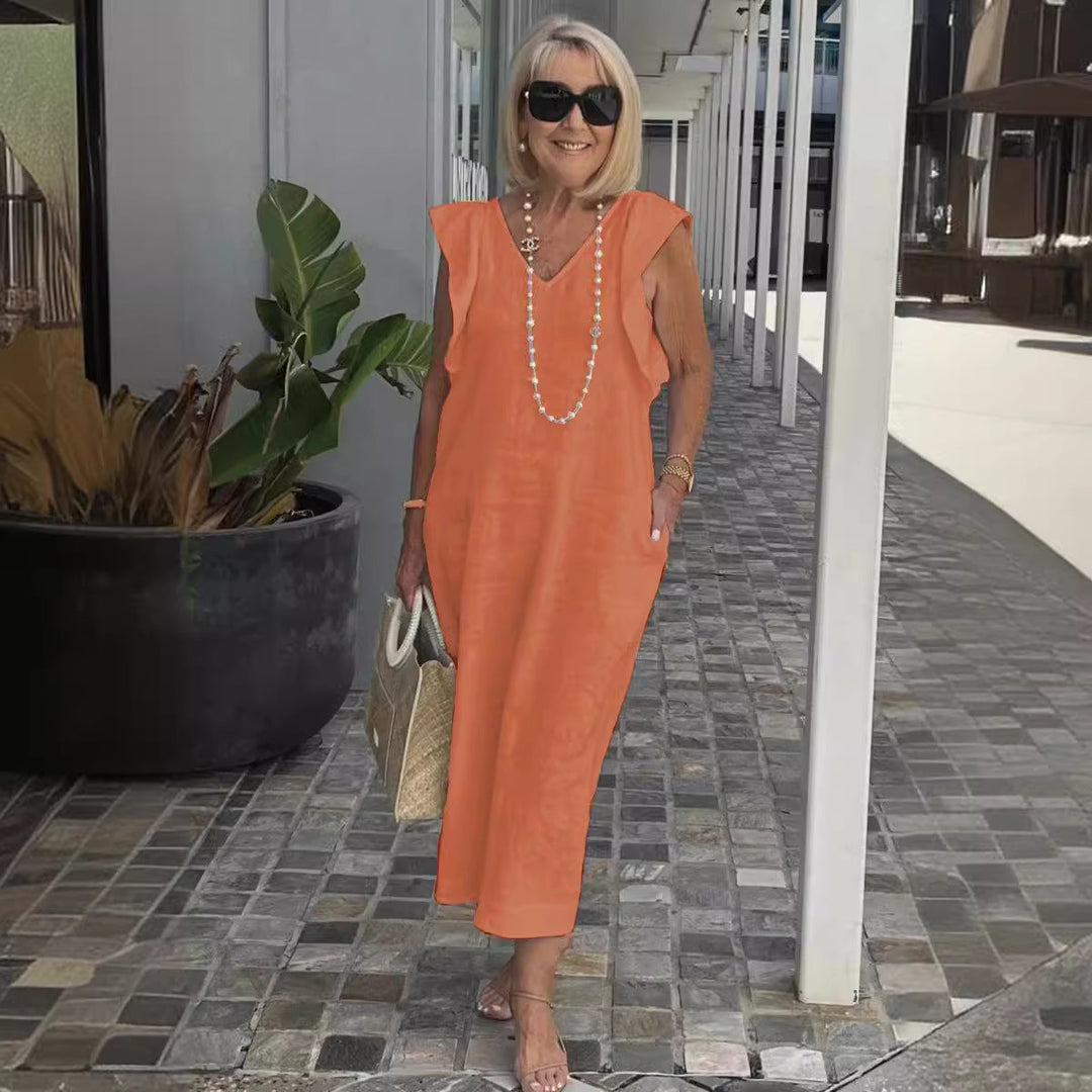 Stylish women's V-neck sleeveless maxi dress, great for summer parties & casual events.