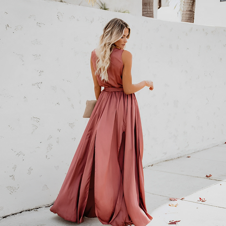 Stylish women's formal maxi dress with cinched waist belt, ideal for summer evening events & formal gatherings.