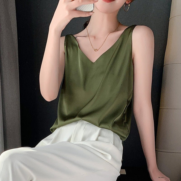 Women's elegant sleeveless V-neck top, a versatile flowy blouse perfect for layering or a chic casual look.