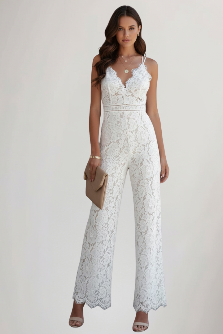 Chic V-neck wide-leg jumpsuit for women, ideal formal or party outfit. Sleeveless, elegant summer fashion.