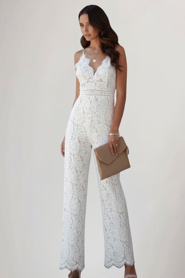 Modern women's sleeveless V-neck jumpsuit with a flattering wide-leg design. Great for elegant occasion wear.