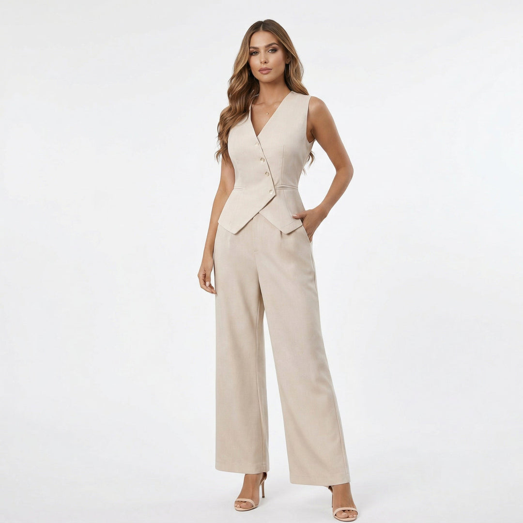 Elegant women's sleeveless vest & wide leg trousers two-piece co-ord set, perfect for smart casual or office wear.