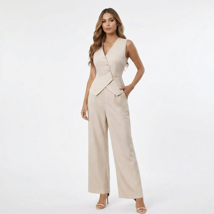 Elegant women's sleeveless vest & wide leg trousers two-piece co-ord set, perfect for smart casual or office wear.