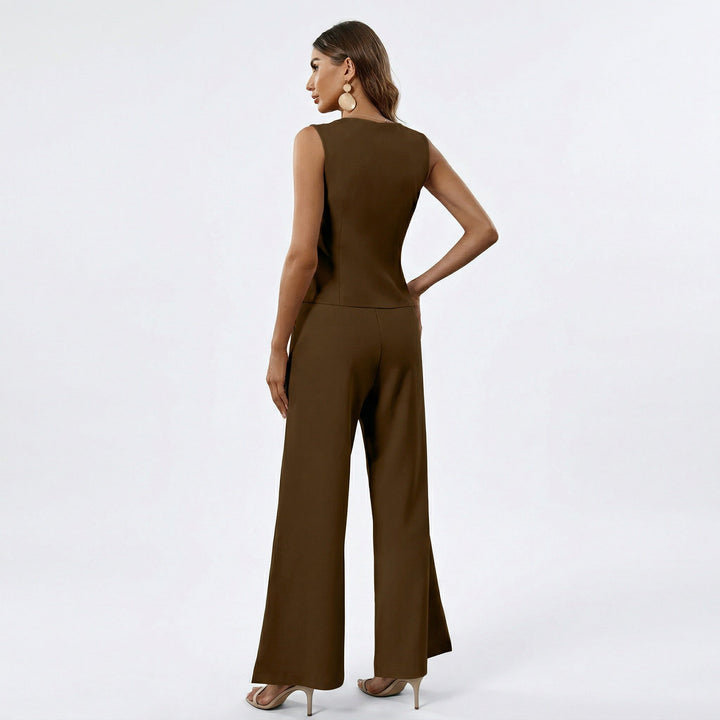 Stylish women's sleeveless vest and matching wide leg trousers co-ord set for an elegant summer outfit.