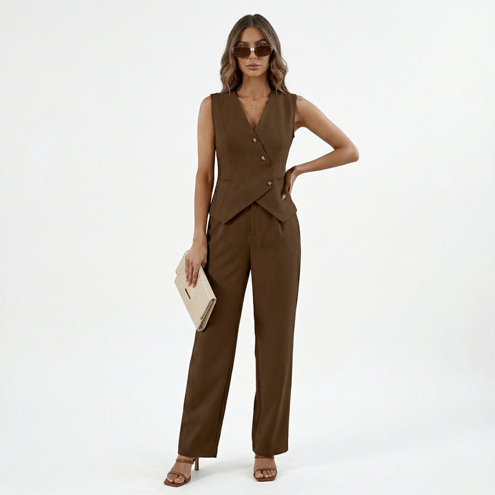 Elegant women's two-piece set featuring a sleeveless vest and wide leg pants, great for office & casual.