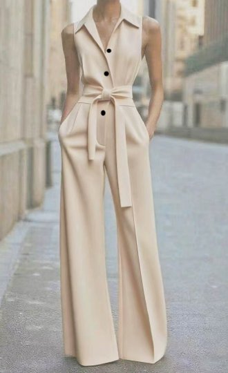 Versatile women's formal jumpsuit with wide legs, sleeveless design, and stylish belt. Ideal for evening wear.
