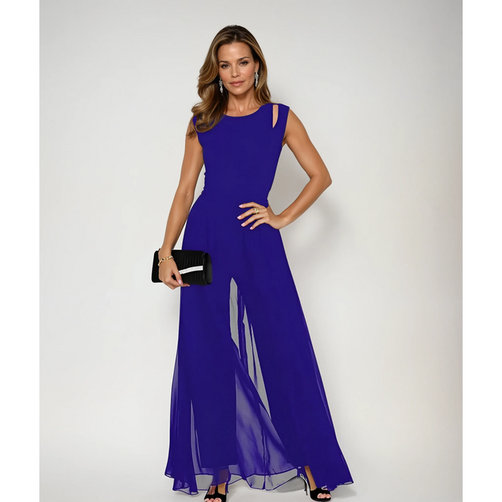 Fashionable women's sleeveless wide-leg jumpsuit for elegant occasions. A versatile, modern one-piece formal outfit.