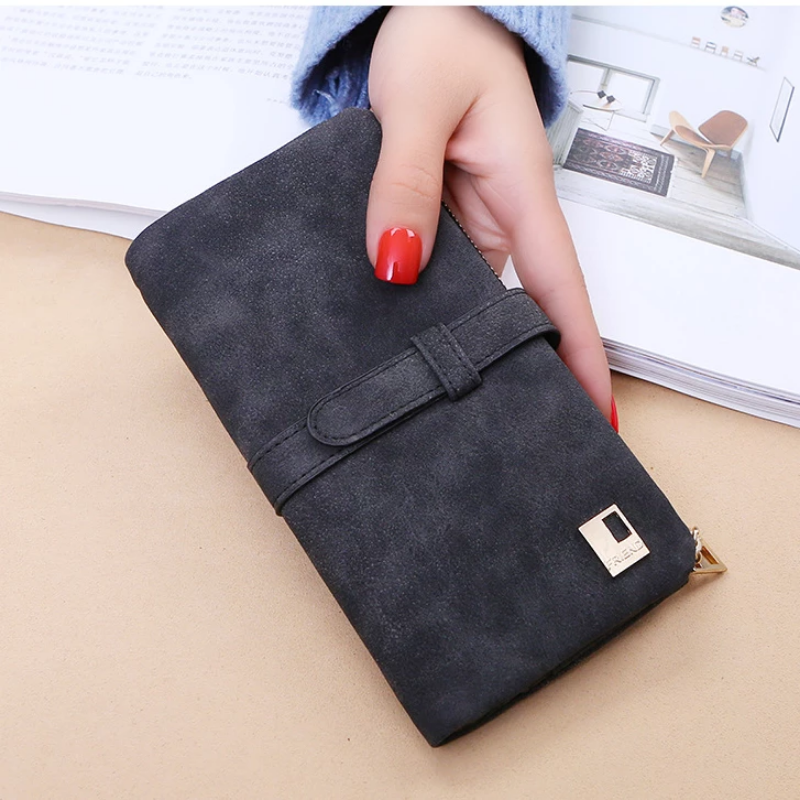 Slim women's bi-fold wallet with card holder, phone wallet, and organizer. Chic PU leather fashion accessory.
