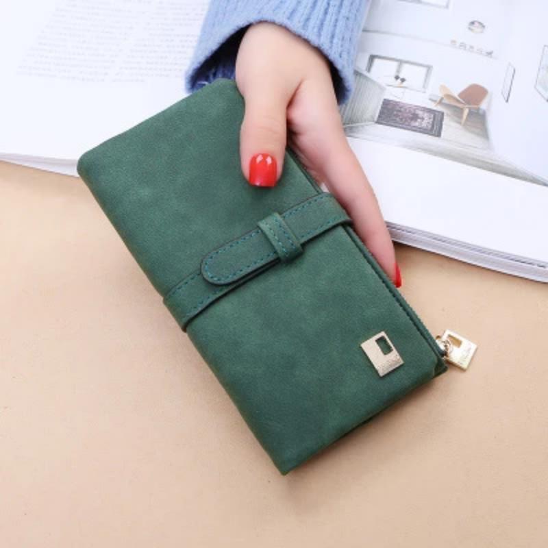 Elegant & spacious women's bi-fold long wallet made of PU leather. Perfect purse, card holder, and phone organizer.