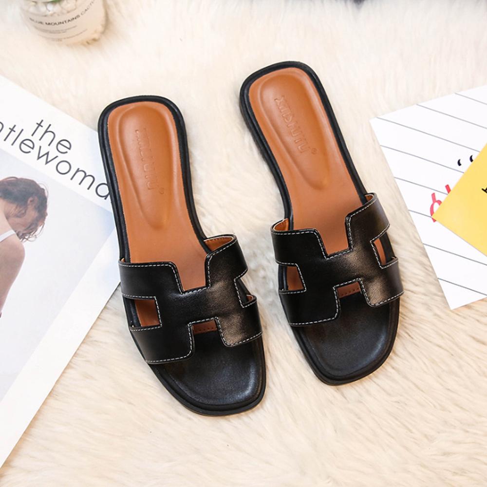 Stylish women's low heel H-strap slip-on sandals, comfortable and chic summer footwear.