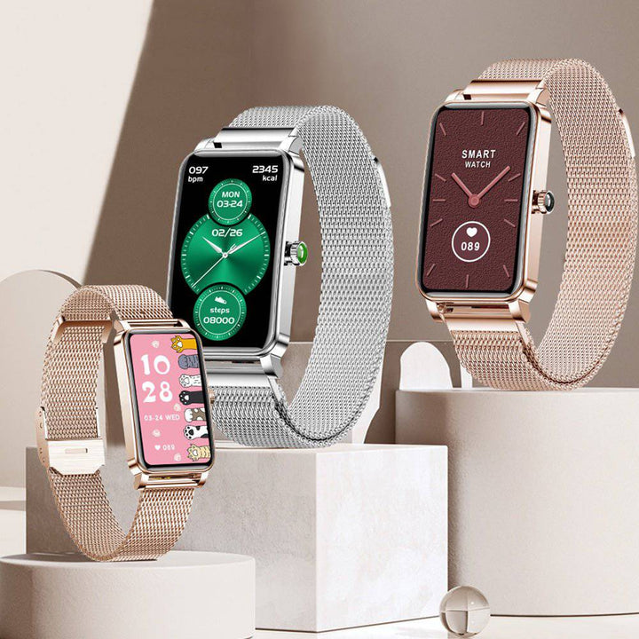 Touchscreen women's smartwatch with smart notifications, compatible with Android & iOS for seamless connectivity.